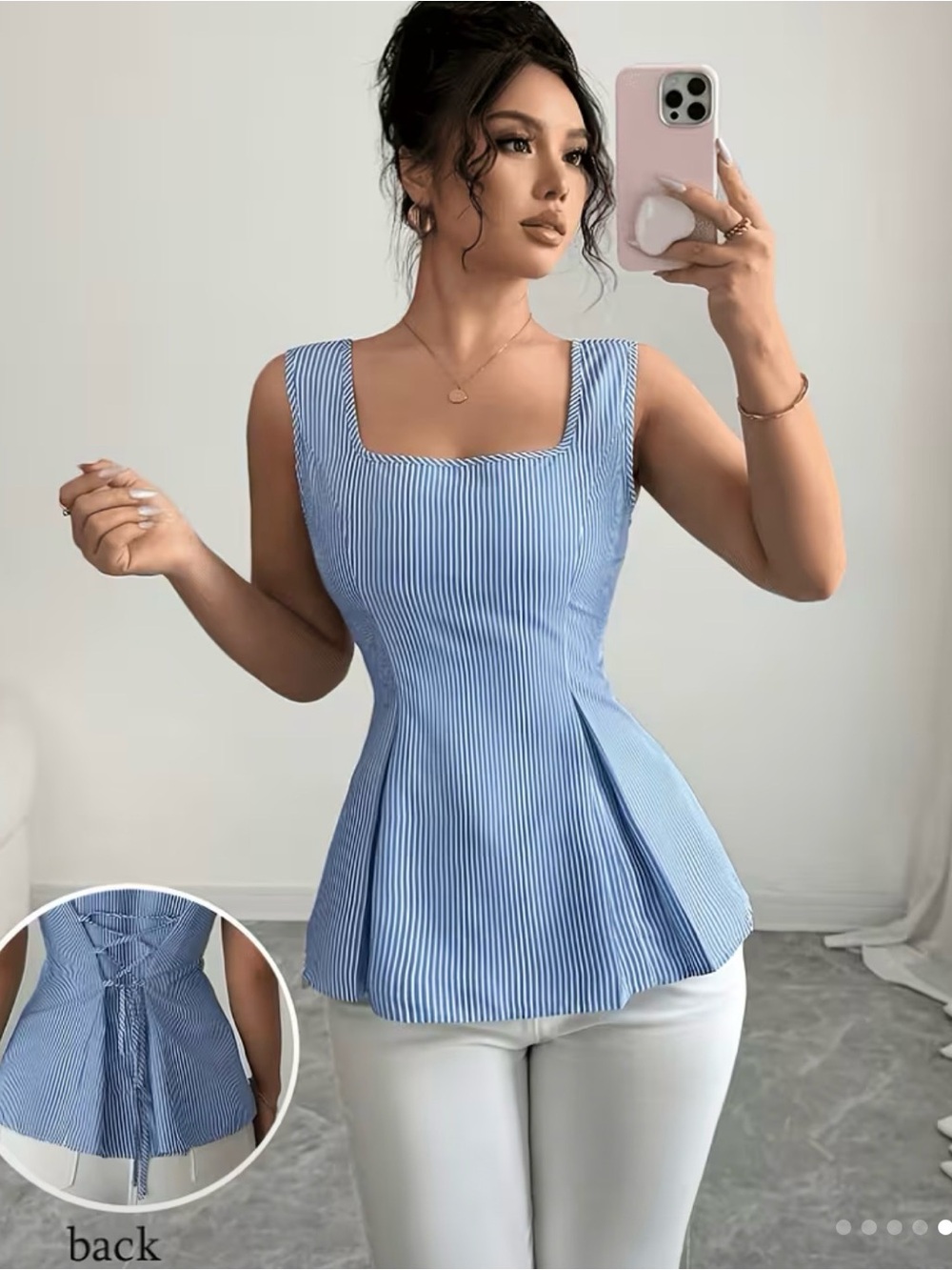 Square-Neck Peplum Tunic Top in Light Blue Stripe